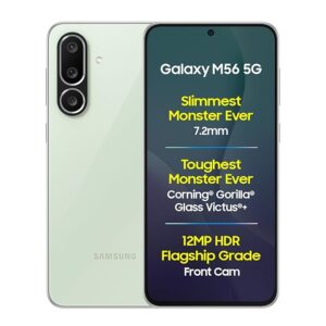 Samsung Galaxy M56 5G Mobile (Light Green,8GB RAM,128GB Storage)| Segment's Slimmest|Gorilla Glass Victus+| 10 Bit HDR Video| 50MP Camera| AI | Vapour Cooling Chamber| Lag-free Gaming| Without Charger
