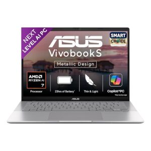 ASUS Vivobook S14,Smartchoice,AMD Ryzen AI 7 350,16GB RAM,1TB SSD,OLED, 14",Windows 11, Office24, M365 Basic (1Yr)*,Cool Silver,1.4Kg,M3407KA-SF048WS,50Tops,Metallic Design,Next-Gen AI Laptop,Copilot+